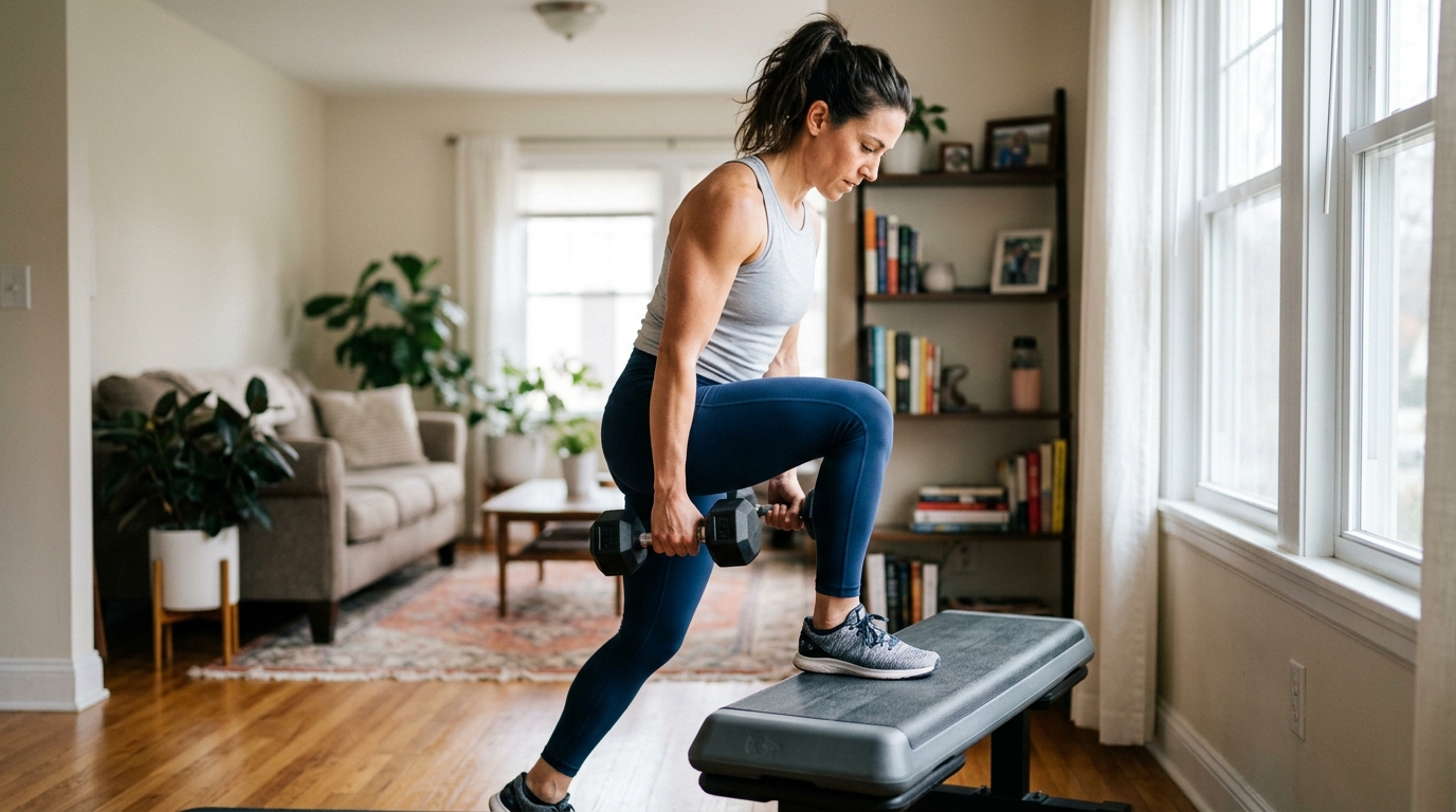 Woman doing a step-up home workout to tone thighs and glutes.