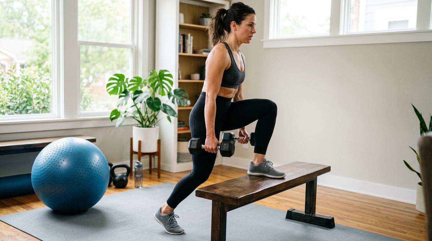 Woman doing stand-ups and bench step-ups at home for glute and leg toning.