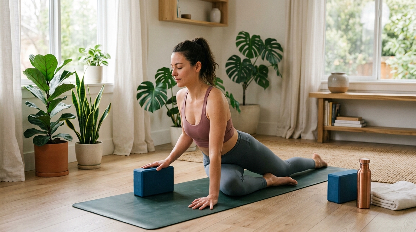 Woman following a 30-minute yoga and stretching routine at home.