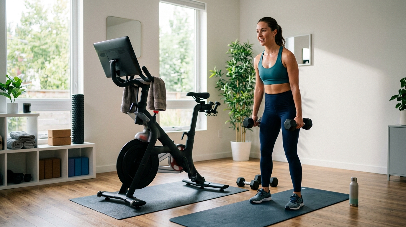Woman combining an indoor bike workout with dumbbells and bodyweight training at home.
