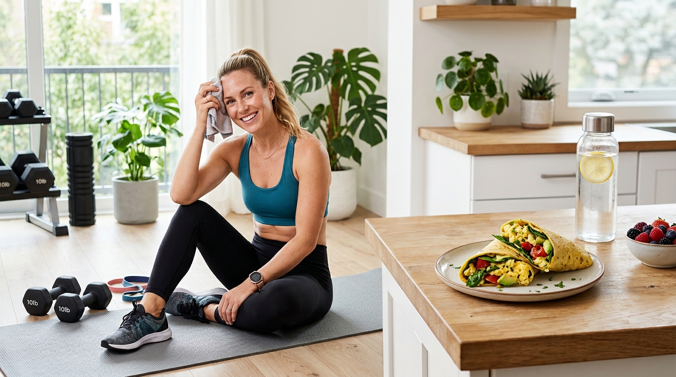 Woman finishing a home workout with a healthy breakfast egg wrap nearby.