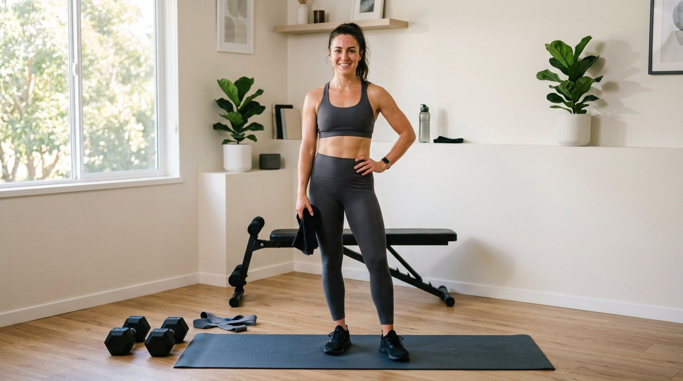 Woman finishing a home leg workout with dumbbells and a mat