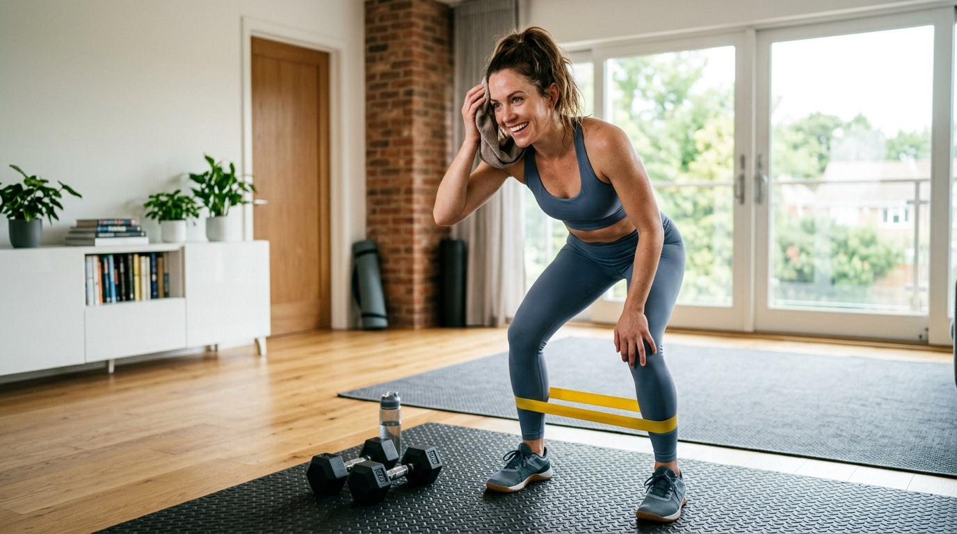 Woman completing a 20 minute lower body dumbbell workout at home and looking confident.
