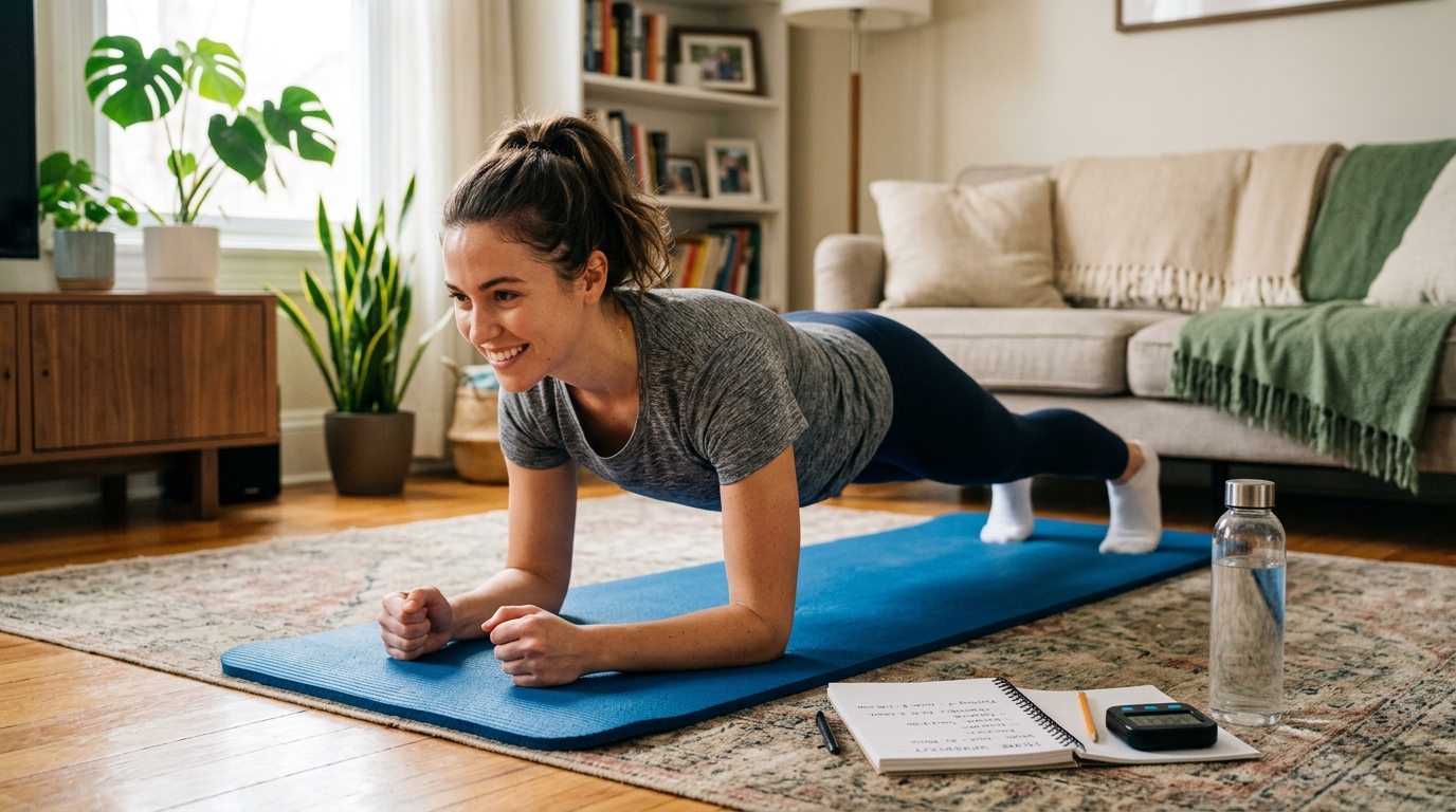 Beginner woman following a 30-minute home workout plan at home.