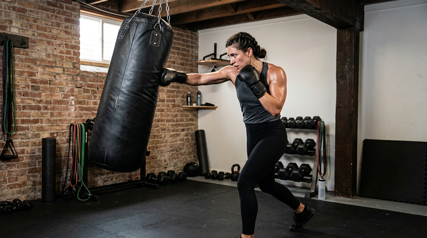 Woman doing a heavy bag workout at home.