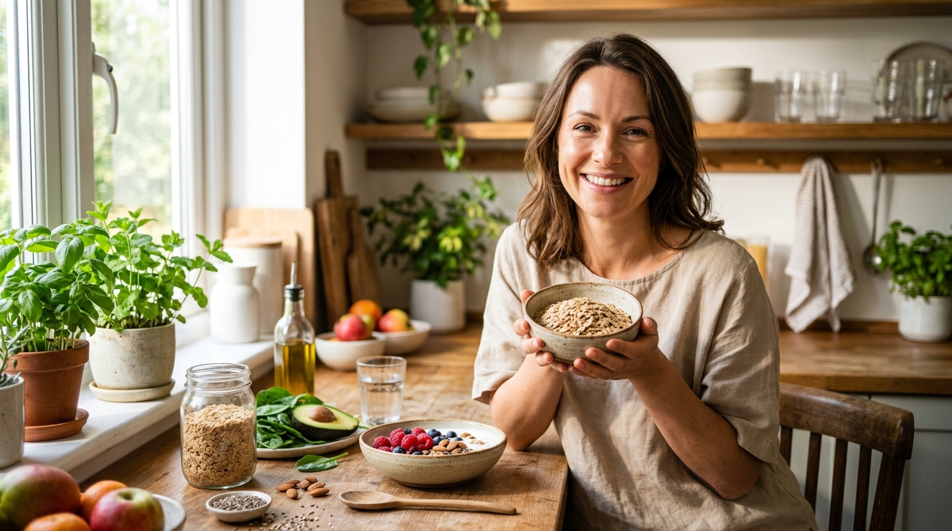 : Smiling woman holding wheat germ bowl showing vitamin E benefits for skin and health.