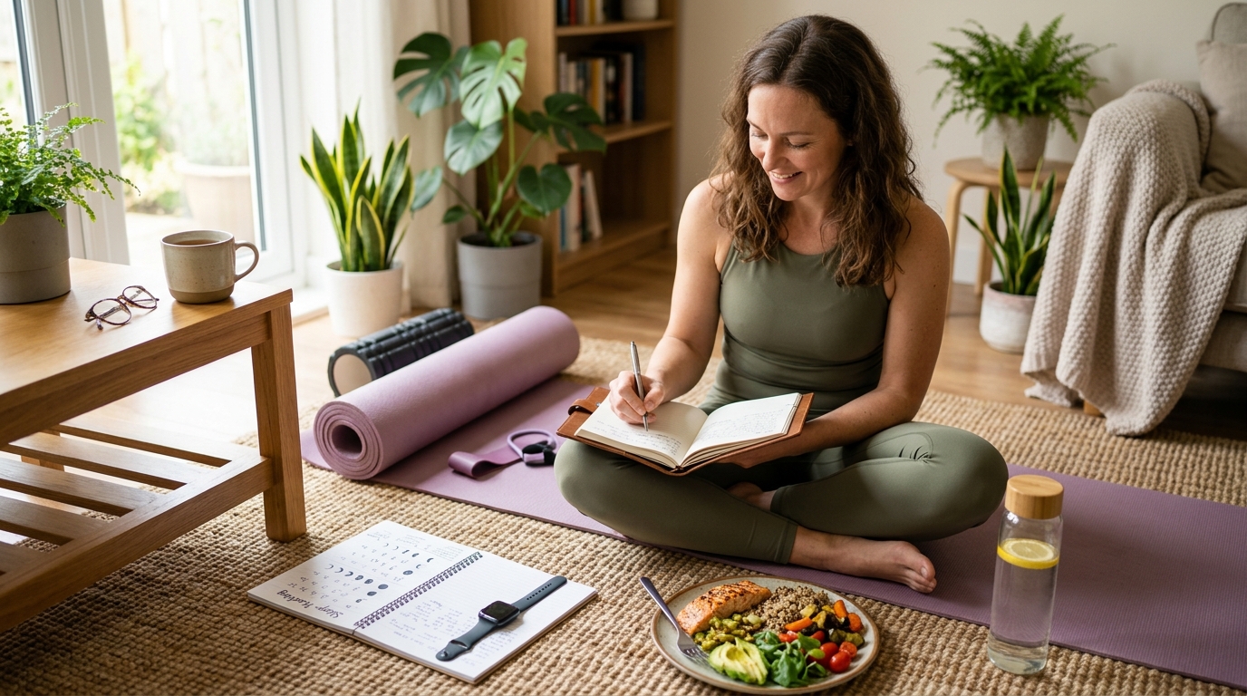 Woman reviewing sleep, stress, nutrition, and workout habits that affect weight loss.