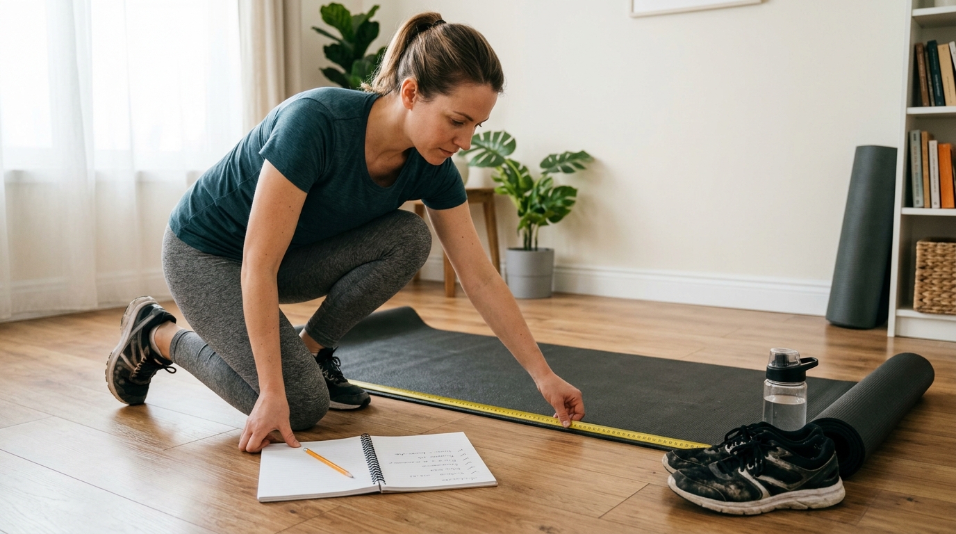 Woman measuring a home workout space while planning to buy a treadmill.
