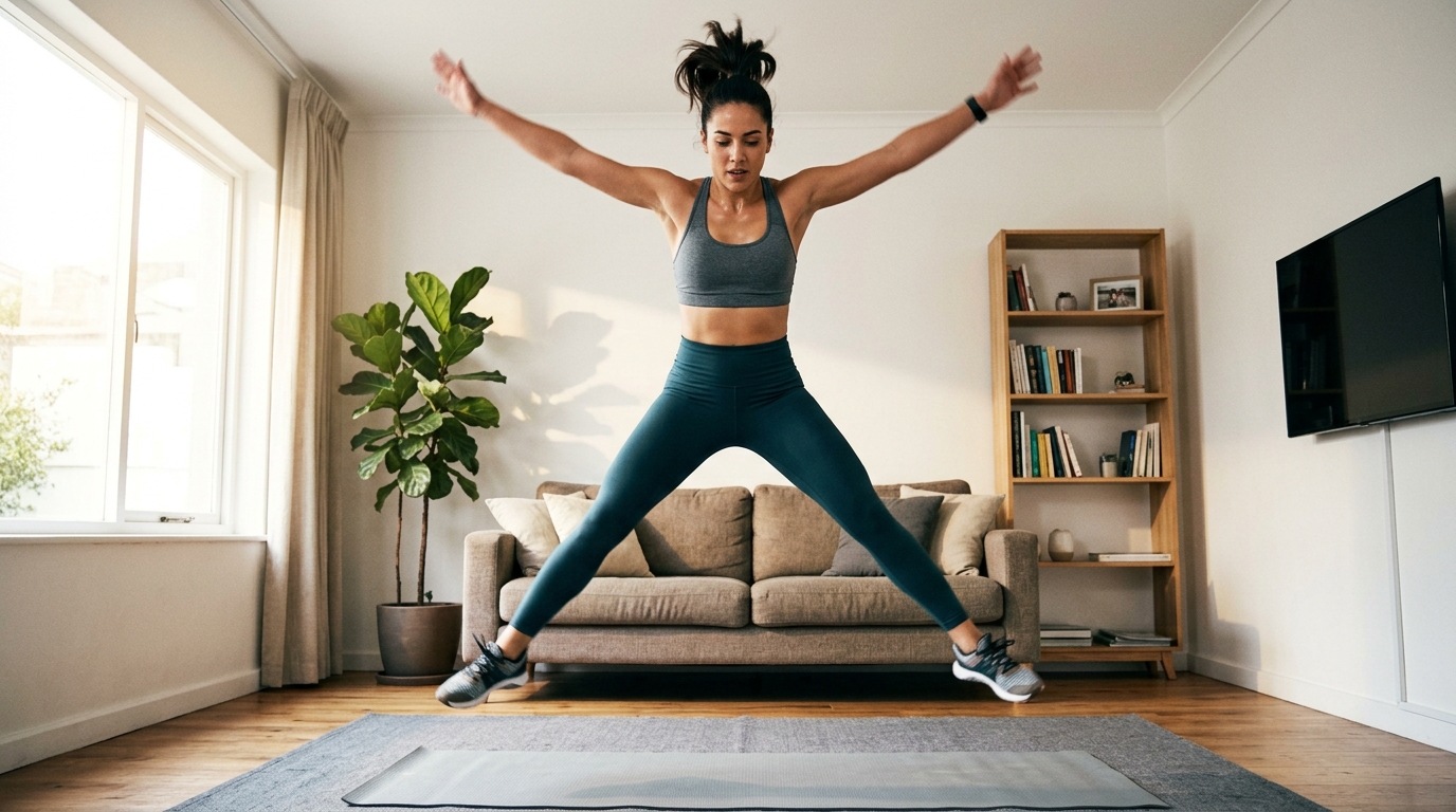 Woman doing a HIIT leg workout at home with an energetic cardio movement