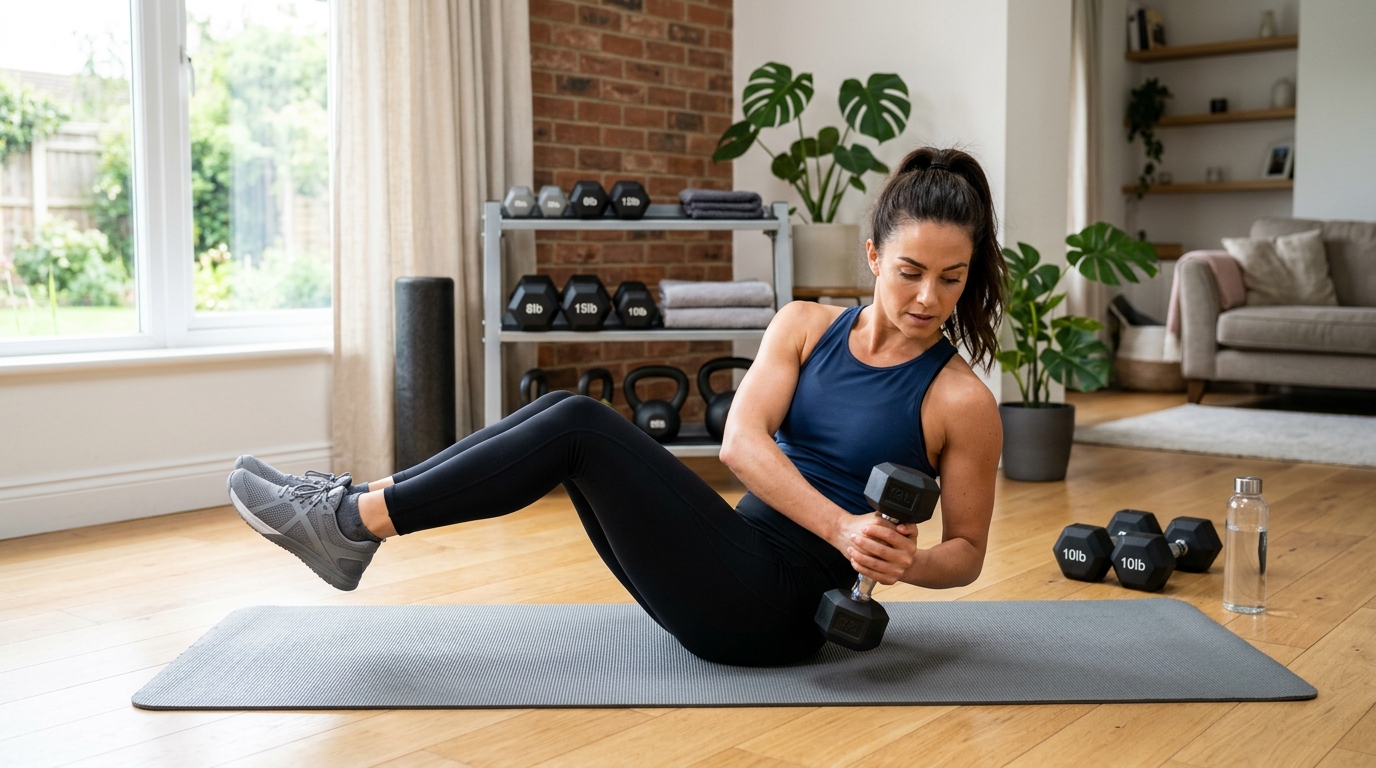 Woman performing Russian twist with a dumbbell during a core workout at home.