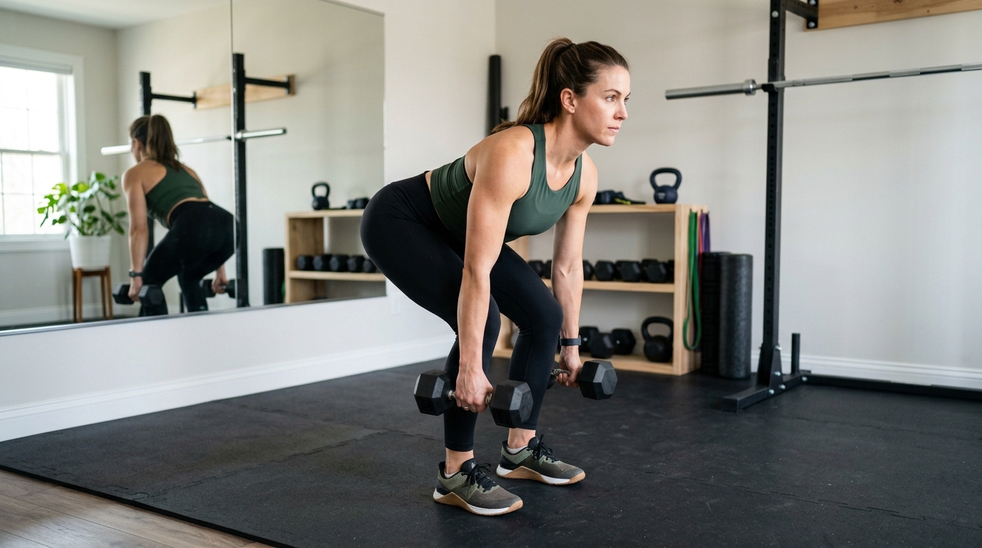 Woman performing a deadlift at home with proper form.