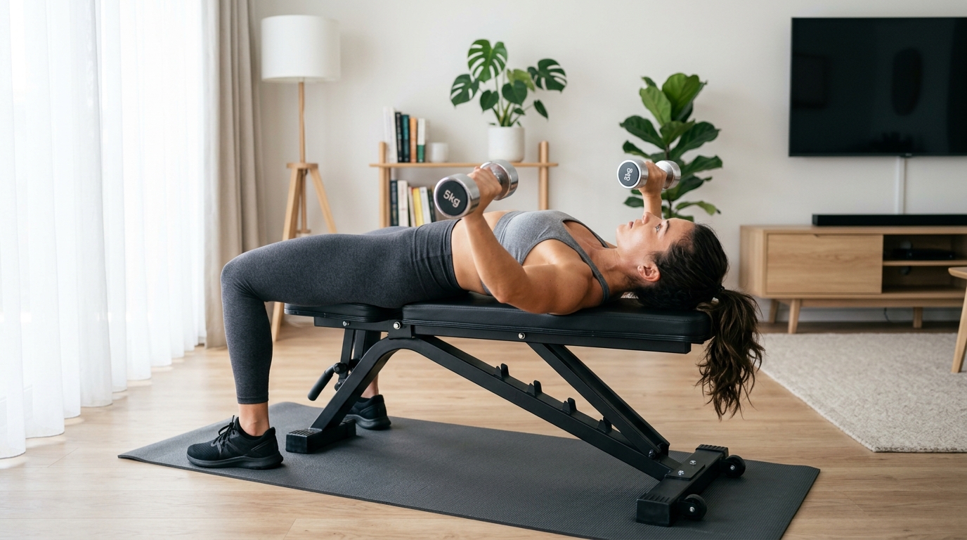 Woman performing dumbbell chest flies during a home upper body workout