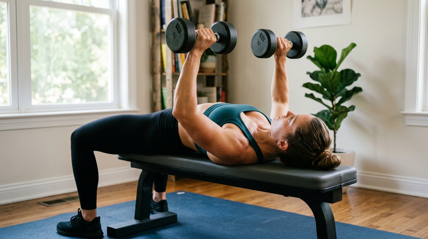 Woman performing a dumbbell flat press at home during an upper body and abs workout