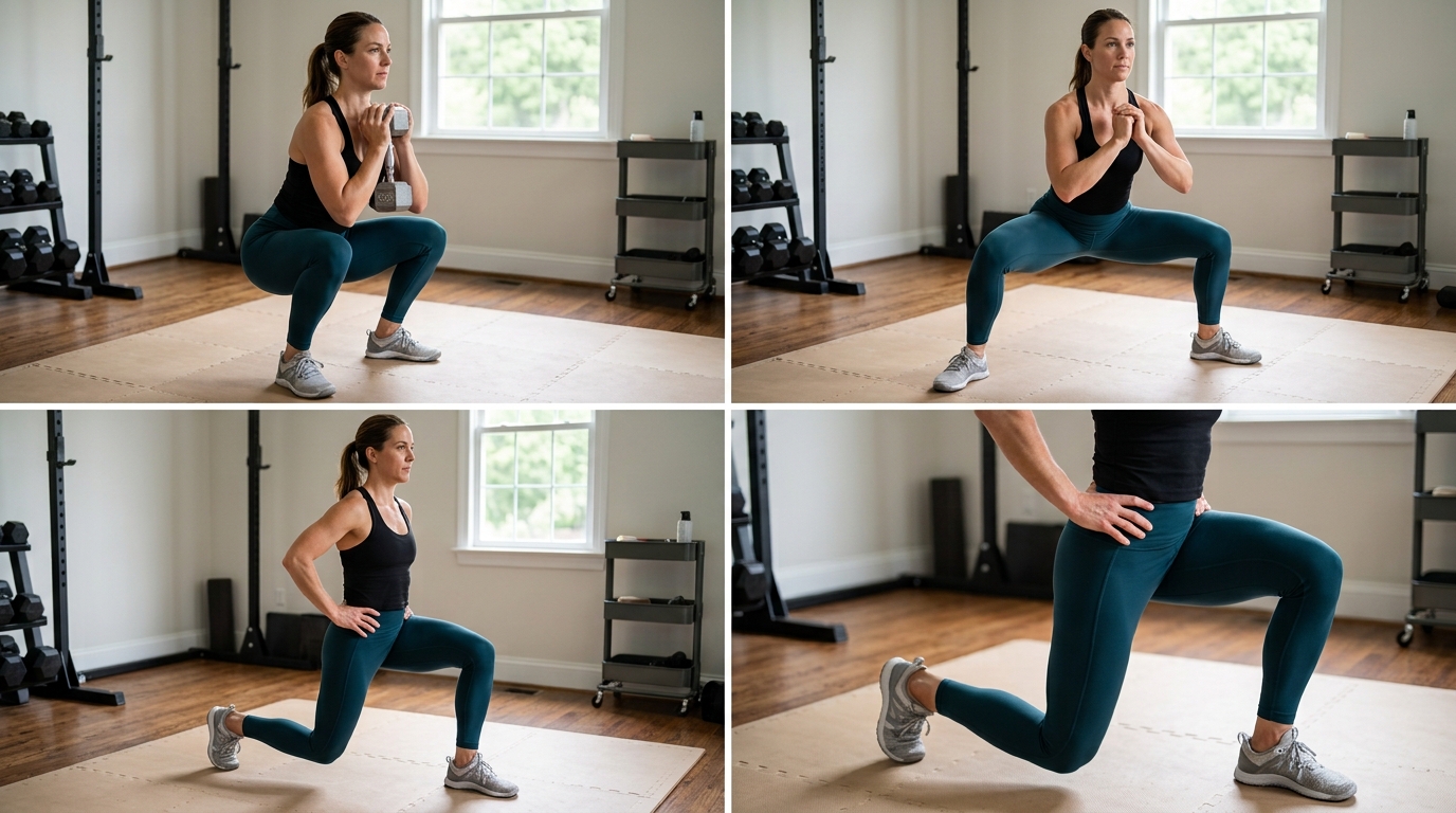 Woman doing goblet squats, plie pulses, and lunges at home for lower body strength.
