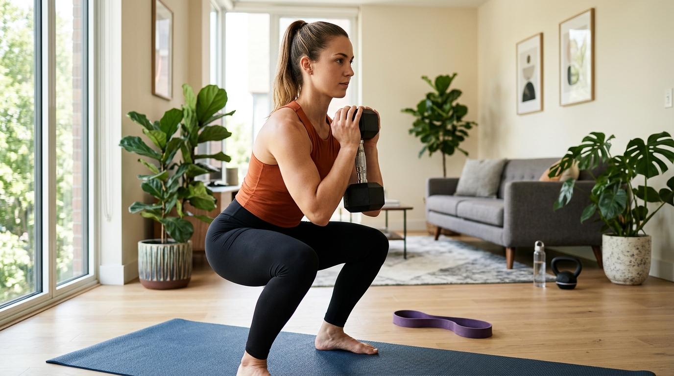 Woman doing goblet squats with a dumbbell at home.