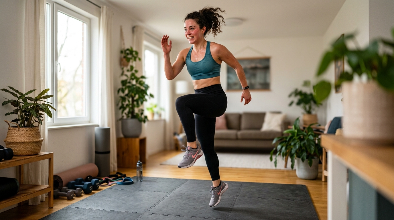 •	Woman doing high knees for a fast boxing workout