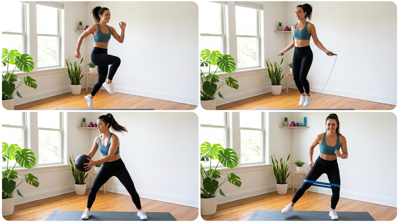 Woman performing different home cardio exercises including high knees, jump rope, medicine ball moves, and resistance-band cardio.