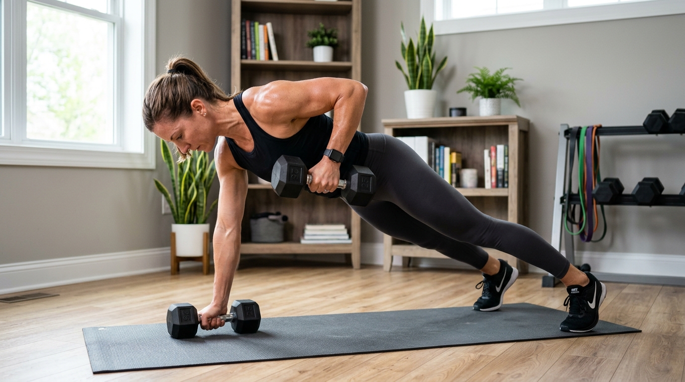 Woman performing a push-up with row during an arm workout at home