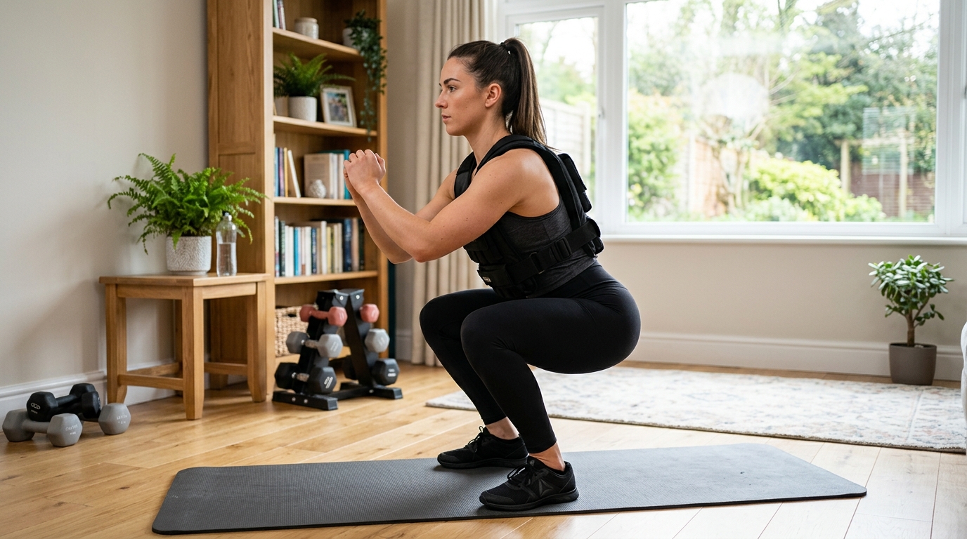 Woman performing squats at home while wearing a weighted vest for strength training.