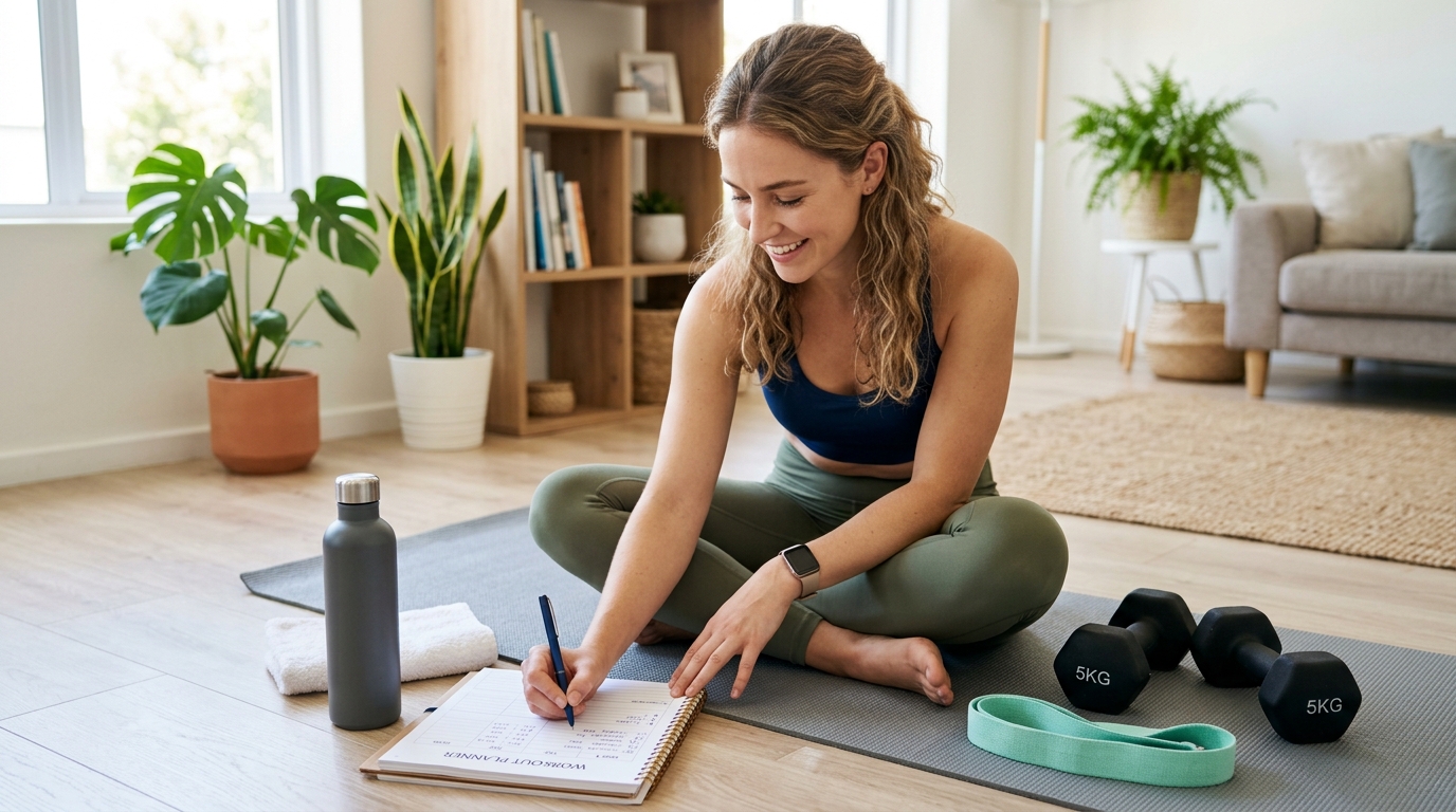 Woman planning a 4-week home dumbbell workout plan with fitness equipment nearby.