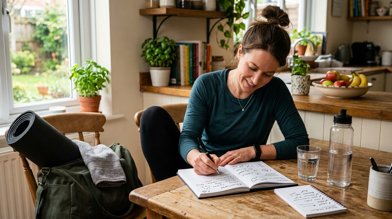 Woman using a fitness and diet planner to stay consistent with belly fat loss goals.