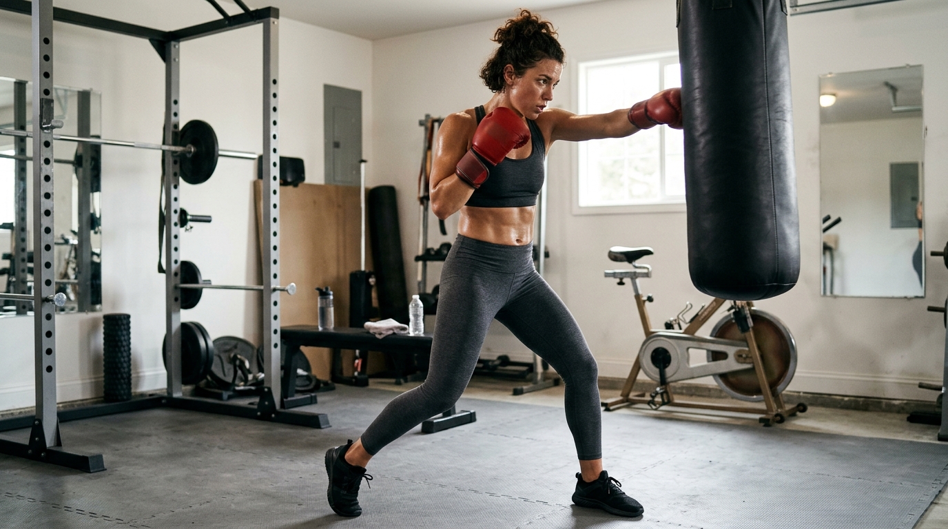 Woman practicing a powerful boxing punch at home with proper stance and hip rotation.