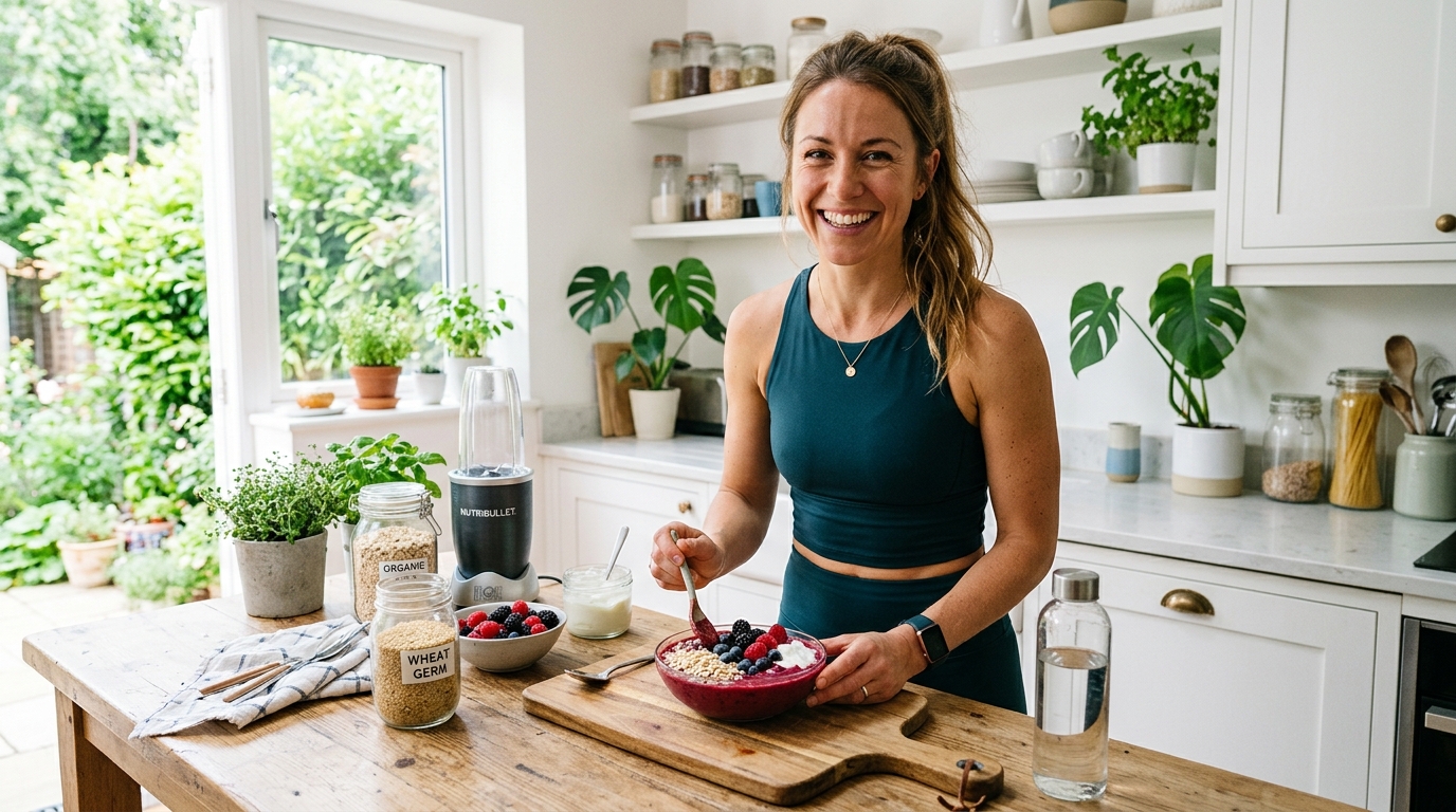 Active woman preparing a healthy smoothie bowl with wheat germ.