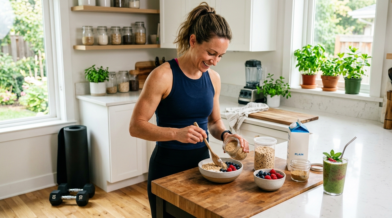 Active woman preparing a wheat germ post-workout snack with yogurt, berries, oats, and smoothie.