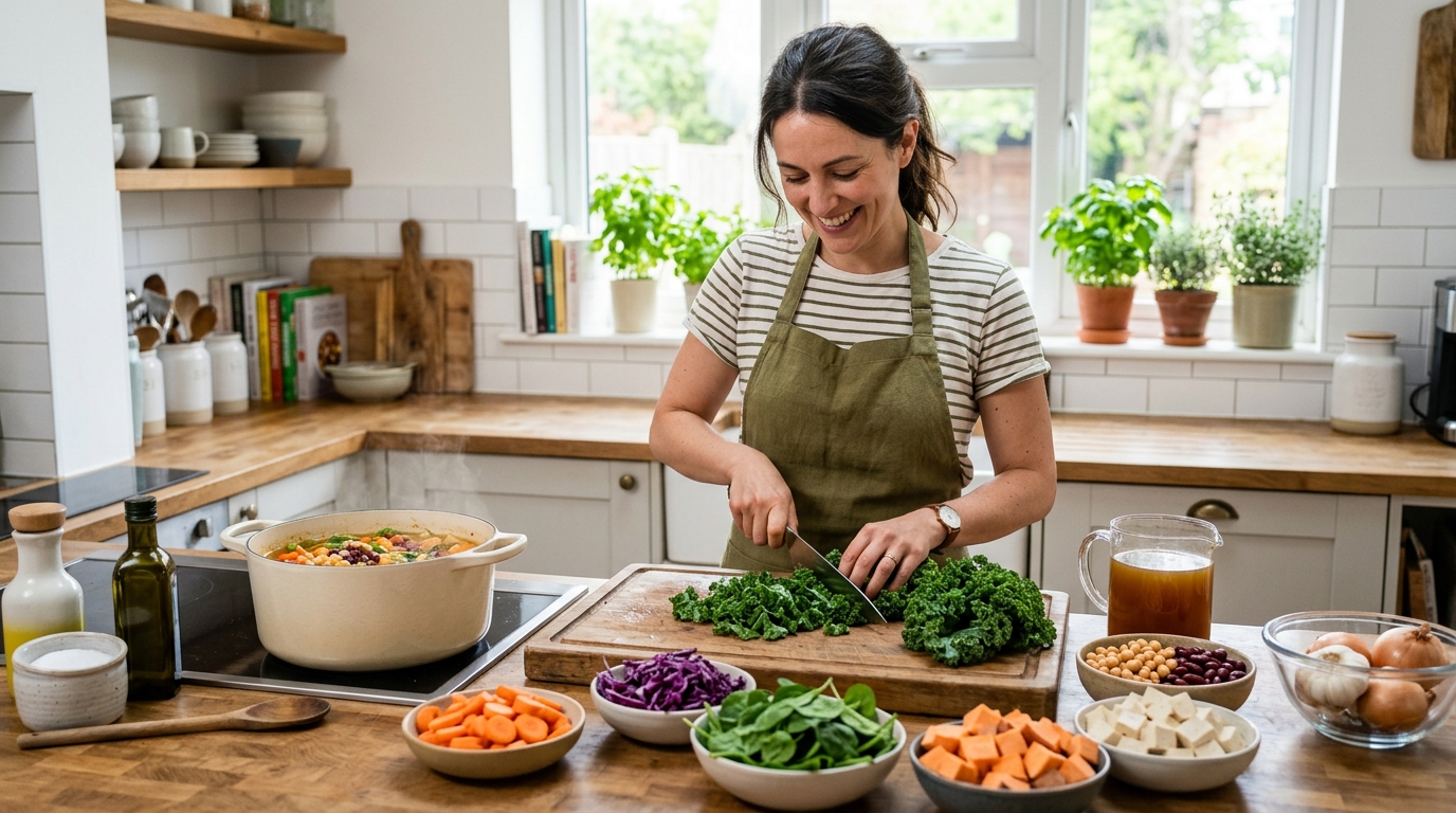 Woman preparing healthy vegetable soup ingredients in a bright kitchen for weight loss meal prep.