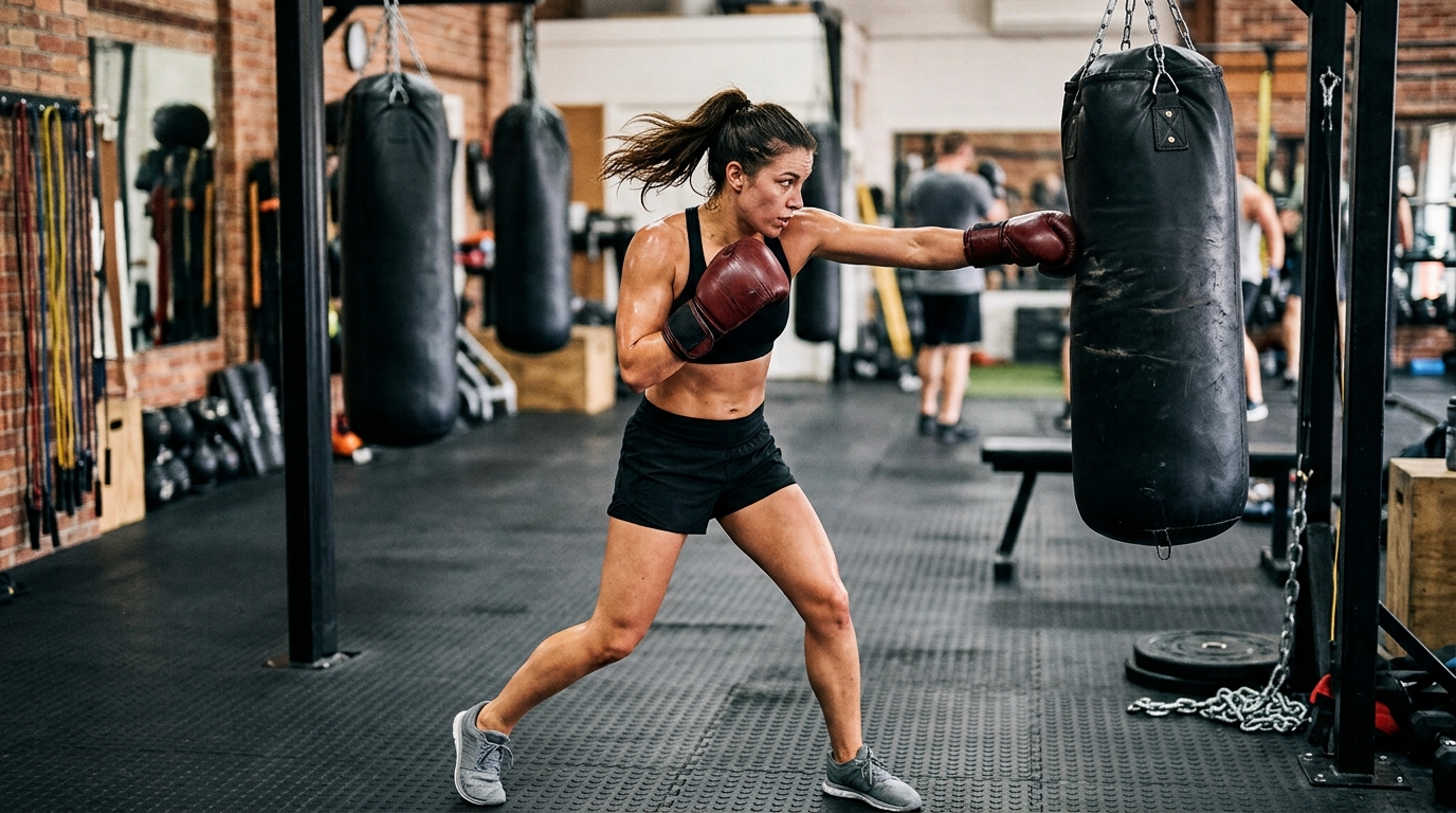 Woman doing a boxing bag workout with jab and cross punches.