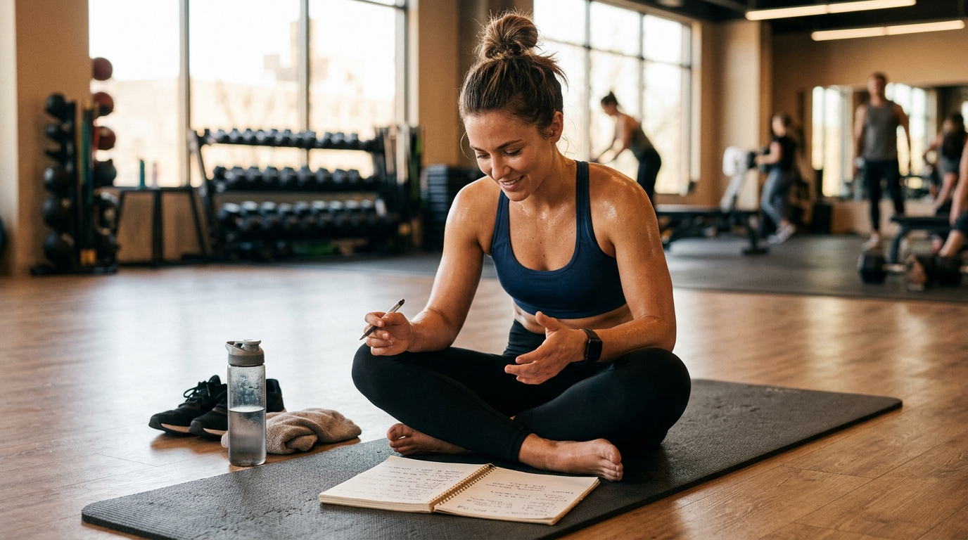 Woman reviewing her nutrition and workout plan to understand reasons for not losing weight.