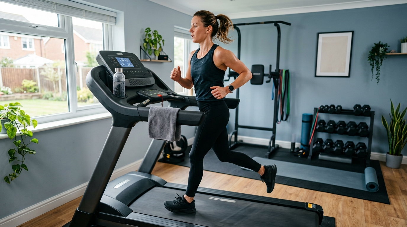 Woman running on a treadmill at home in a clean cardio workout space.