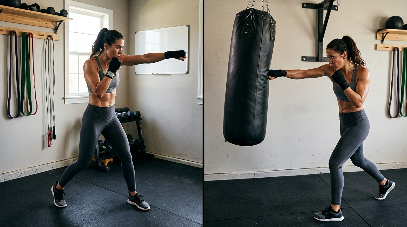 Shadow boxing and heavy bag workout combination.