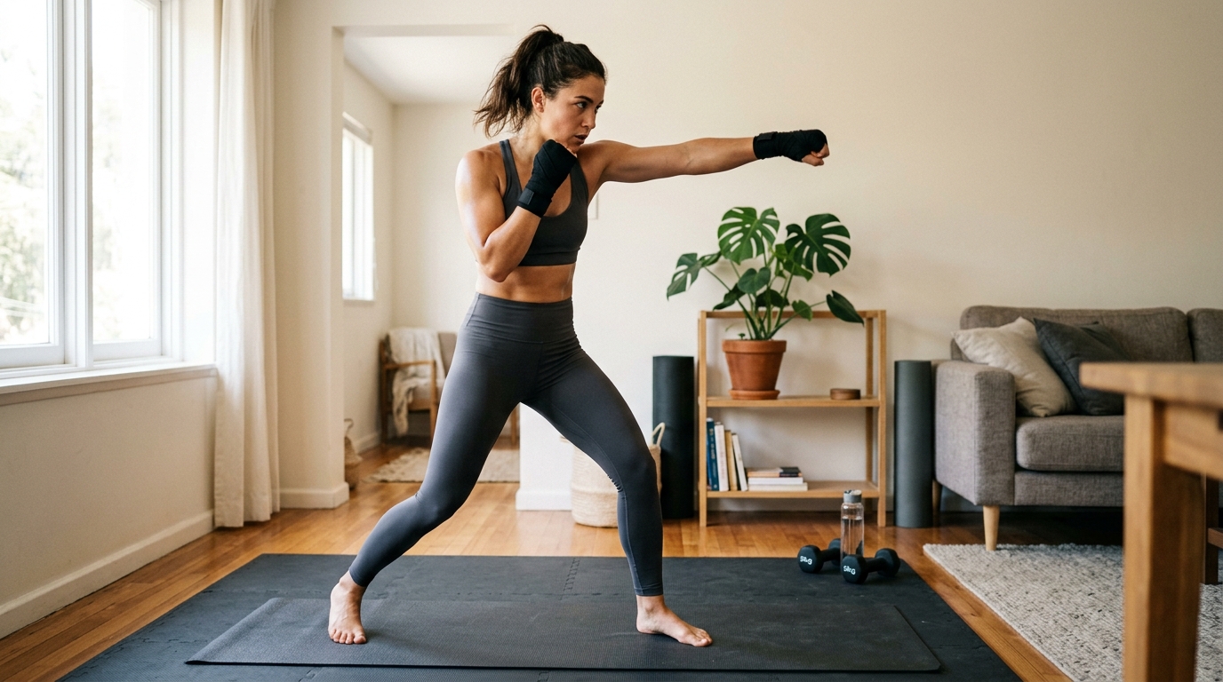 Woman doing a shadow boxing workout at home.