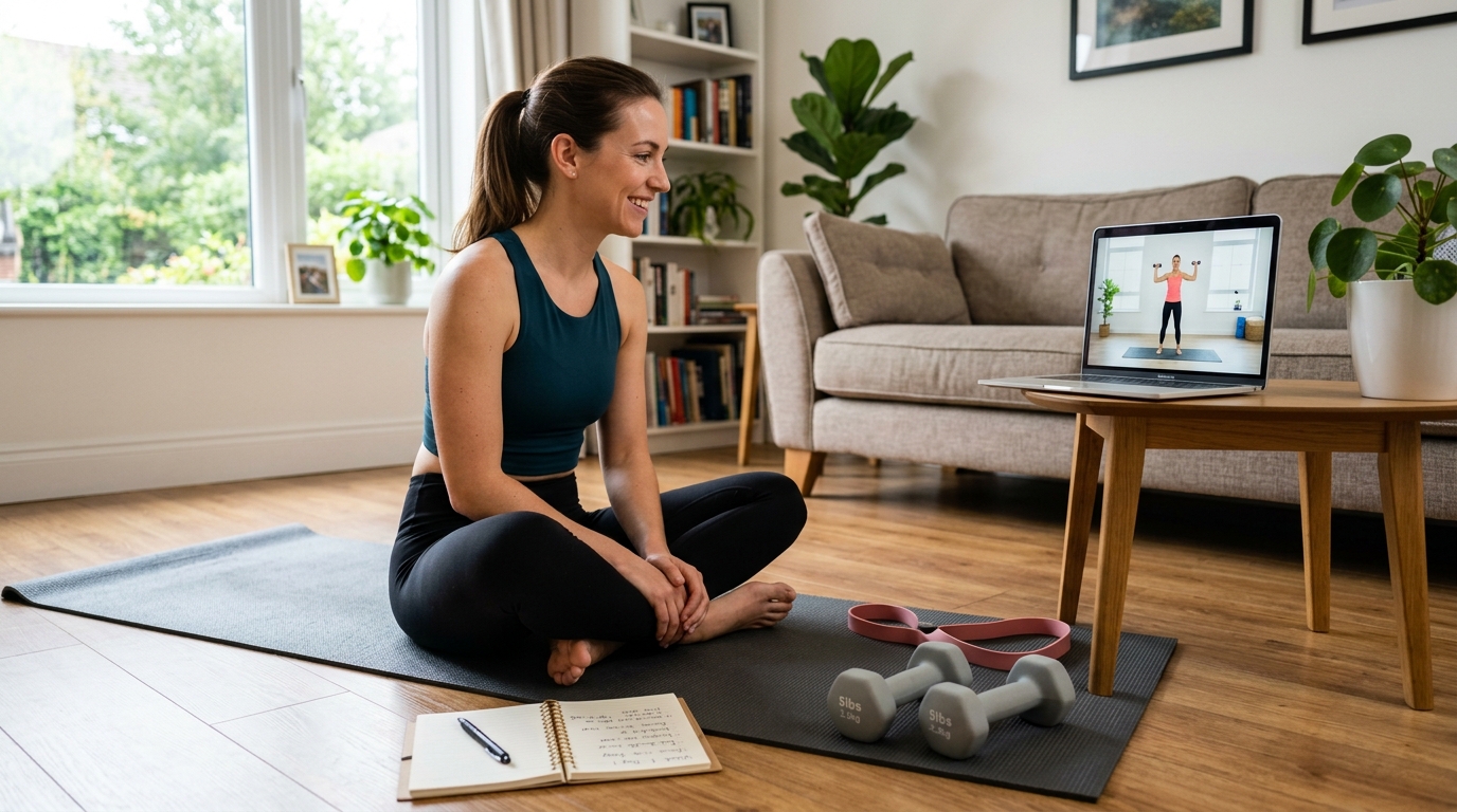 Woman getting started with a free video workout and diet plan at home.