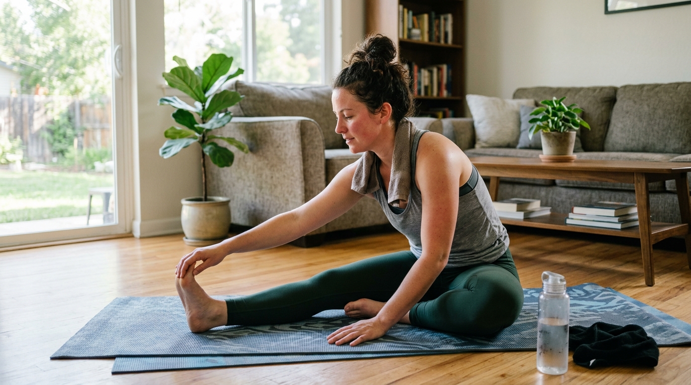 Woman stretching after a HIIT workout at home.