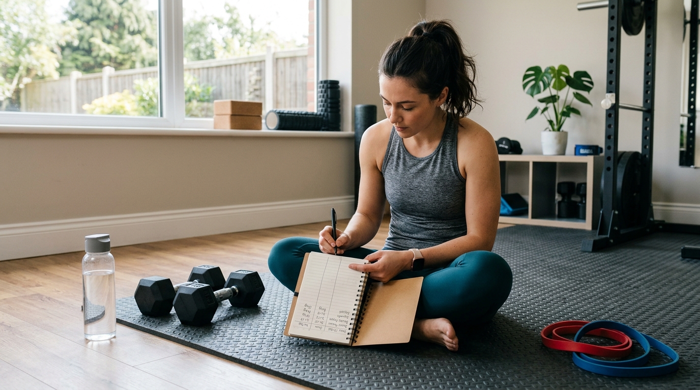 Woman tracking her workout progress beside home fitness equipment
