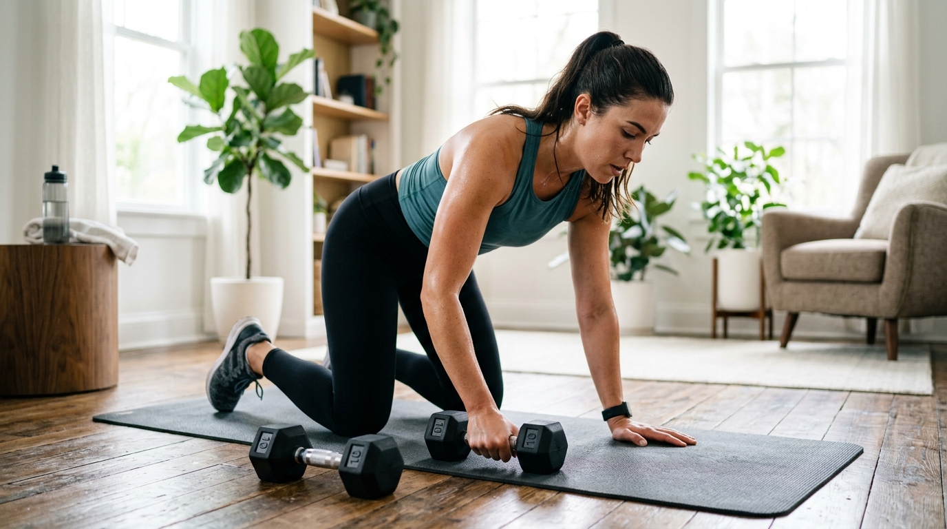 Woman combining cardio and strength exercises during a full body home workout.