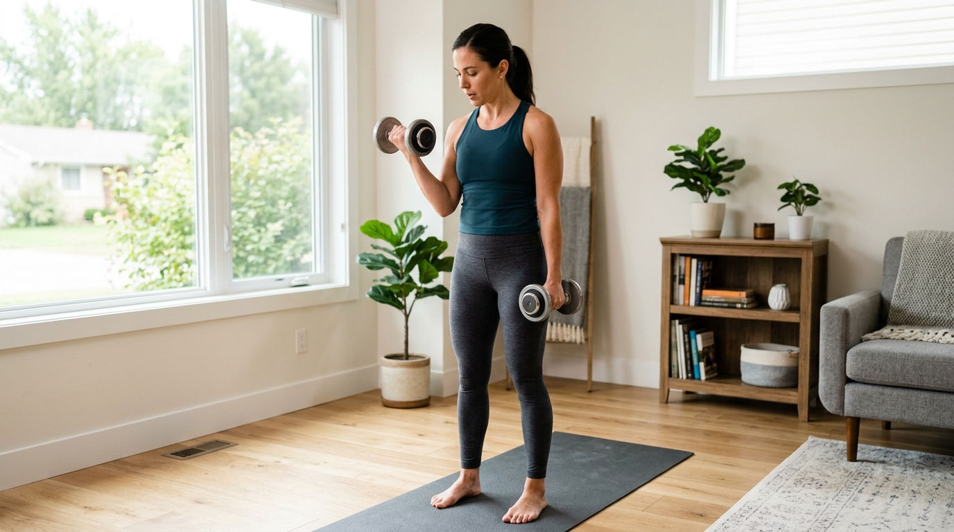 Woman using dumbbells for upper body strength training at home.