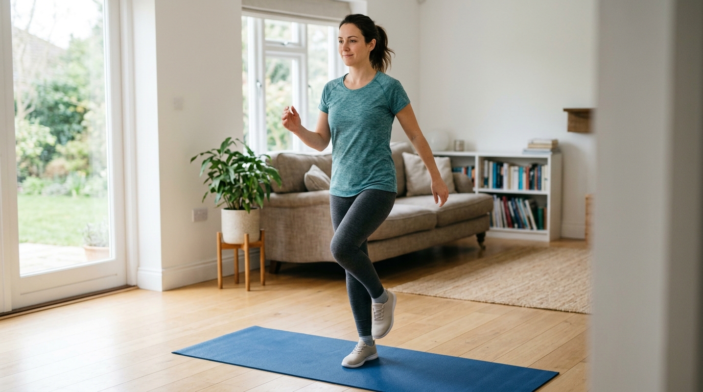 Woman warming up at home with marching in place exercise