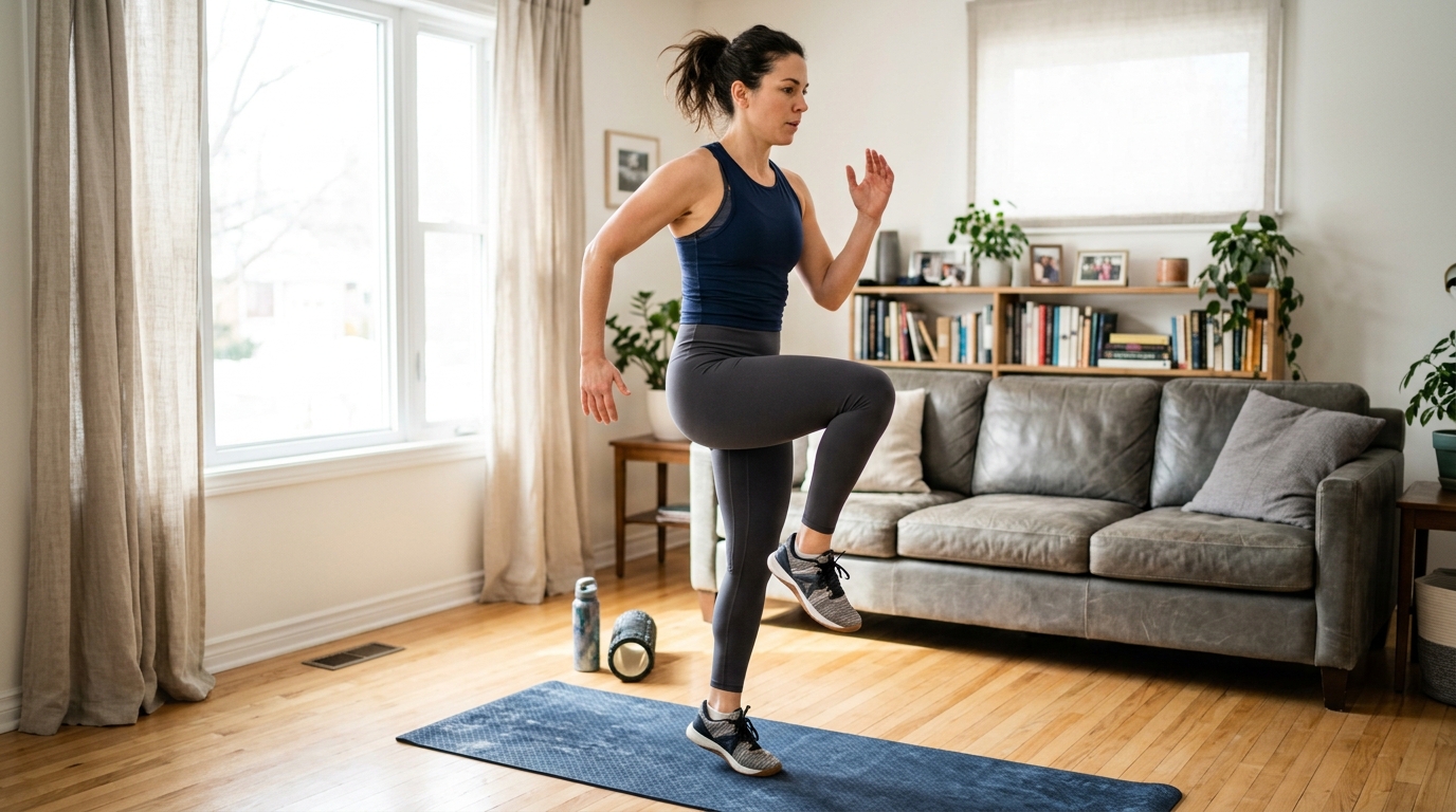 Woman warming up at home before starting a cardio workout.