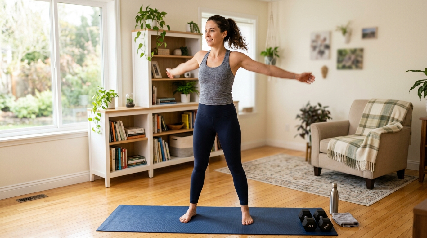 Woman warming up for an upper body workout with arm circles at home.