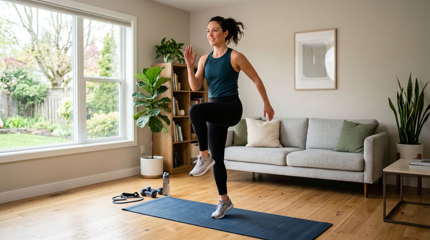 Woman warming up before a 20-minute HIIT workout at home.