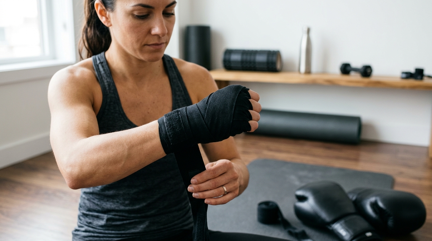 Close-up of a woman wrapping her hands for boxing training with gloves nearby.