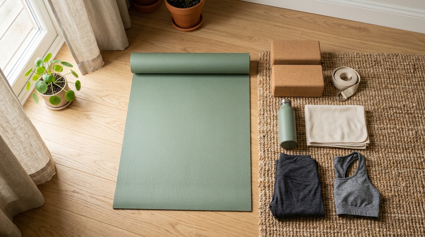Flat lay of essential yoga gear including mat, blocks, strap, and clothes for a home yoga setup.