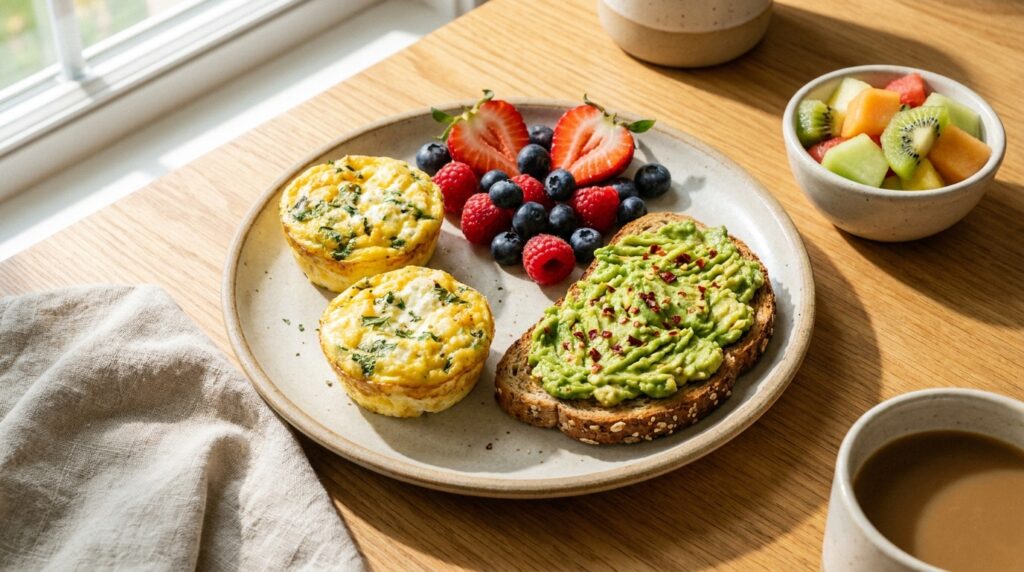 Cottage cheese egg bites served with berries whole grain toast and avocado for a balanced breakfast
