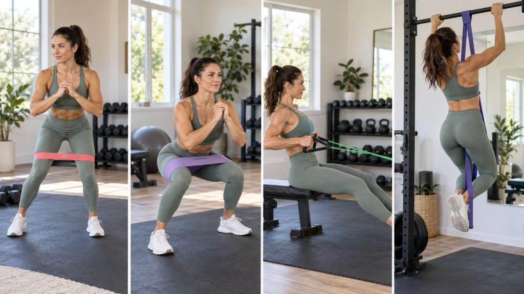 Woman using mini loop fabric tube and long loop resistance bands for different home workout exercises
