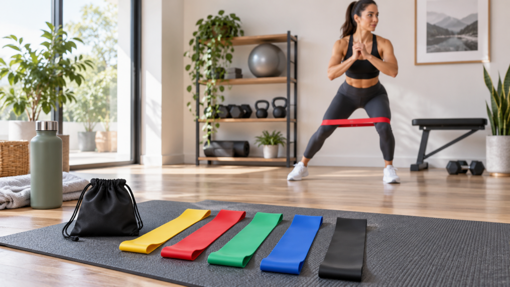 Five-level mini loop resistance band set for women performing lower body home workouts