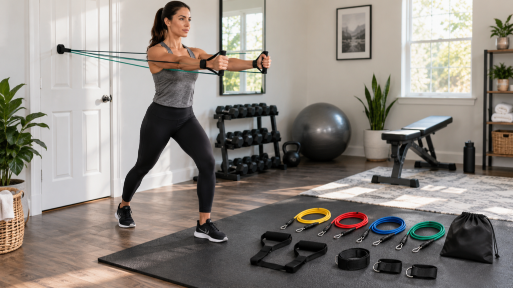 Budget resistance band set with handles ankle straps door anchor and five tube resistance levels