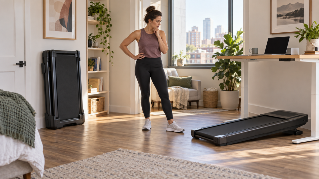 Woman choosing between a foldable walking pad and an incline walking pad for a small home
